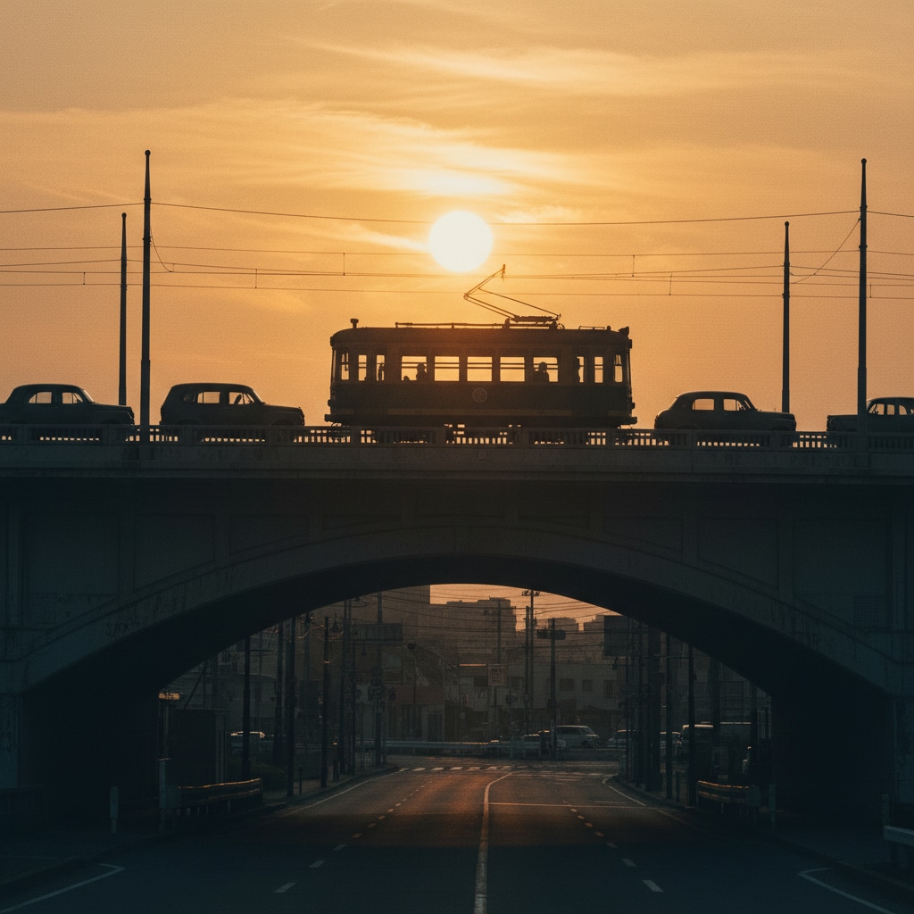夕陽を背に　懐かしの路面電車