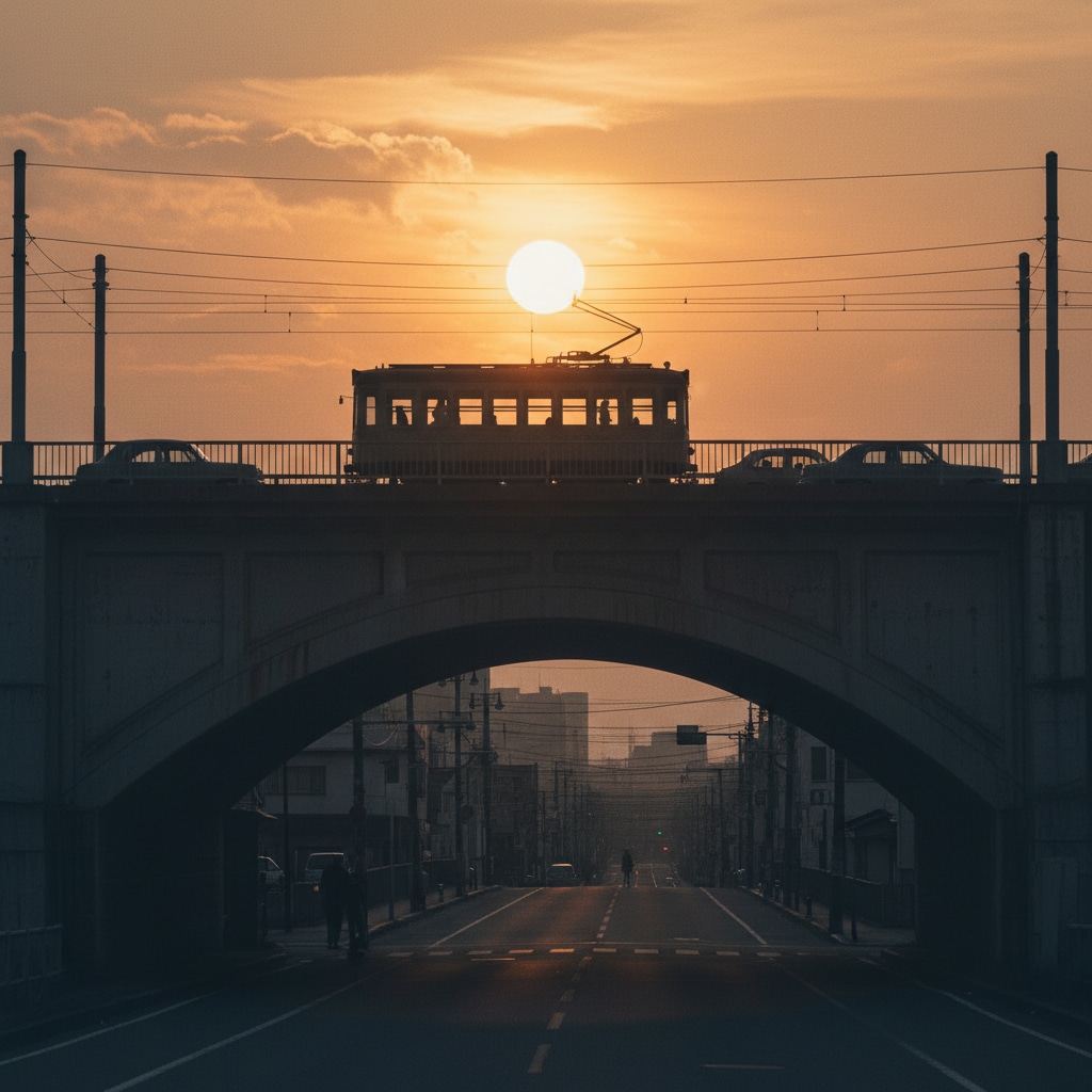 夕陽を背に　懐かしの路面電車