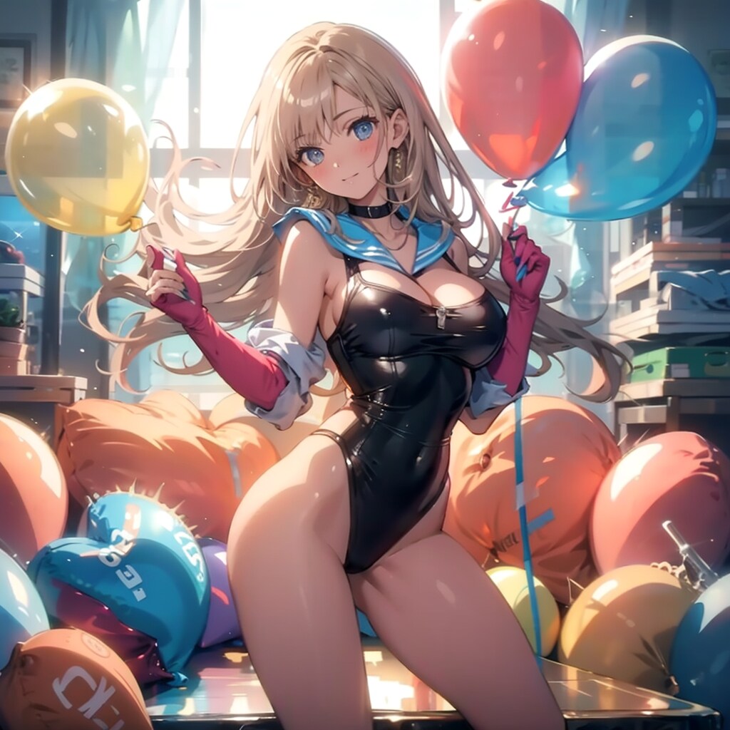 広い部屋の中で色とりどりの風船を膨らませて遊ぶブロンドロングのセーラー服の美女